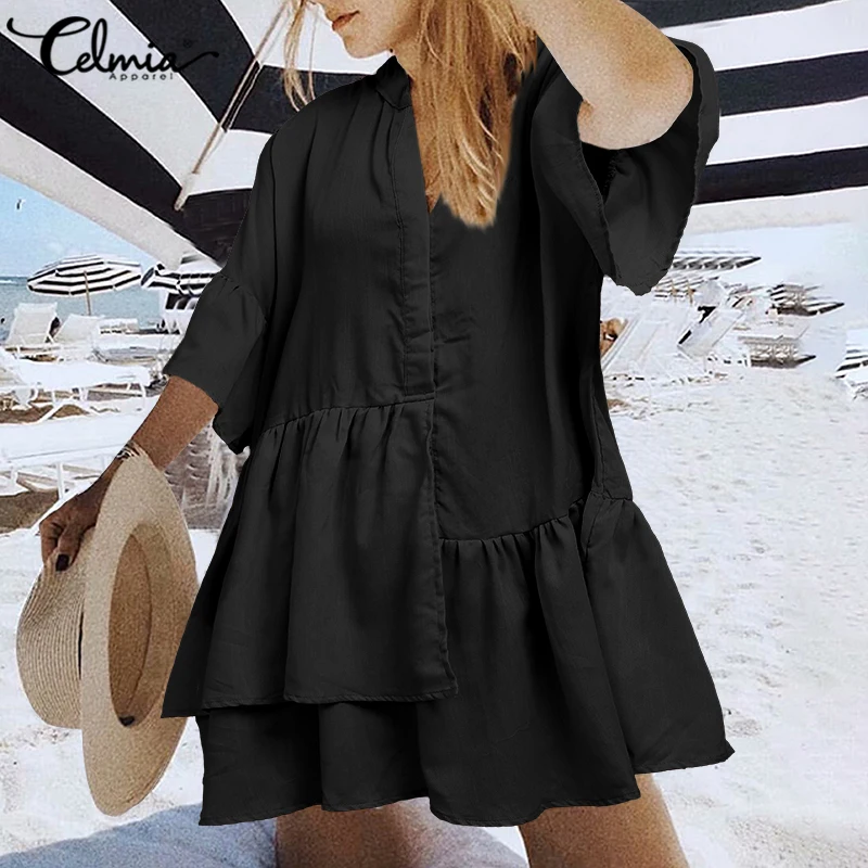 Women Ruffle Casual Mini Dress Plus Size Sexy V-neck Half Sleeve Loose Shirt Celmia 2021 Summer Button Beach Vestidos Robe | Женская