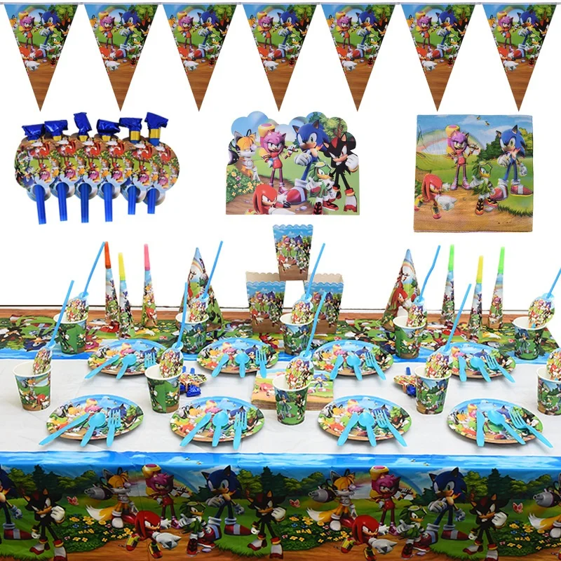 

Bandai Cartoon Sonic Party Supplies Boys Birthday Party Disposable Tableware Set Paper Plate Cup Napkins Baby Shower Decorations