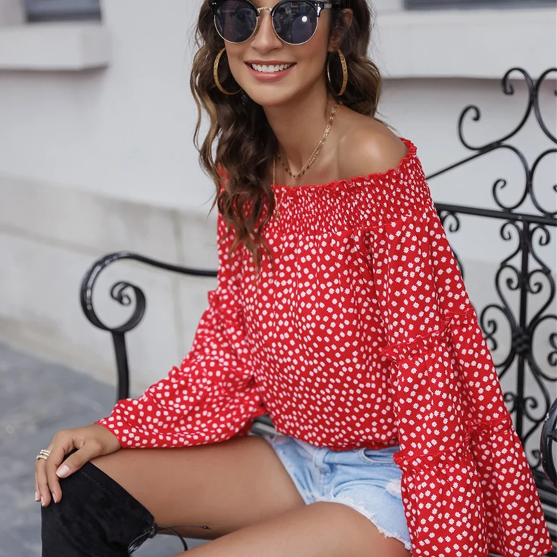 

Sexy Slash Neck Polka Point Blouses Women Spring Summer Casual Flare Sleeve Blouse Shirt Top for Women 2021 New