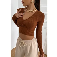 women basic y2k deep v neck crop top sexy long sleeve rib knit fashion female tee am3468