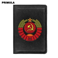 personalized classic soviet union symbol printing passport cover holder id credit card case travel black leather passport case