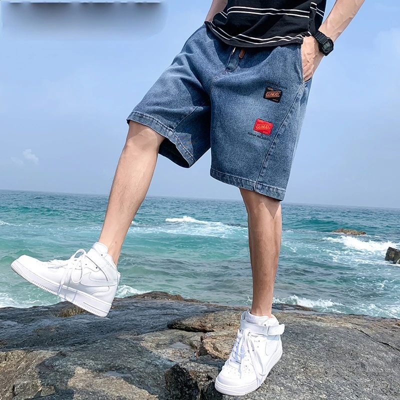 

New Fashion Denim Shorts Spring Summer Men Korean Drawstring Embroidery Loose Fit Knee Length Denim Casual Shorts Streetwear Men