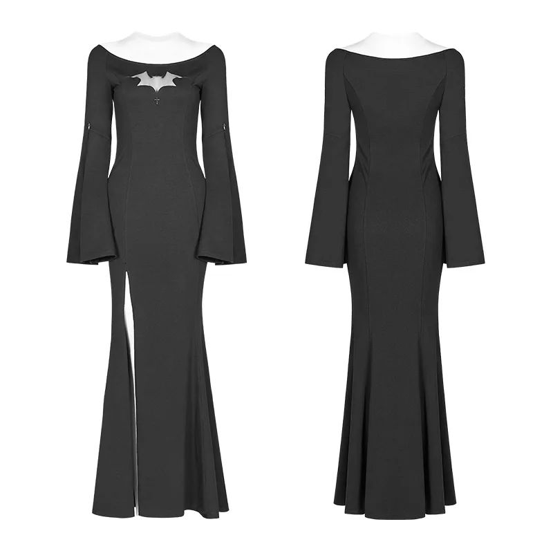 Женское готическое платье в стиле Панк RAVE длинное черное с принтом летучая мышь