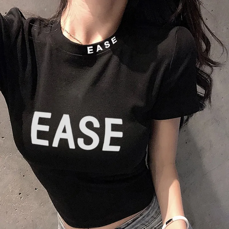 

Women Slim Letter Print T-Shirt With Text Summer Round Neck Short Sleeve Slim Short T Shirts Tops