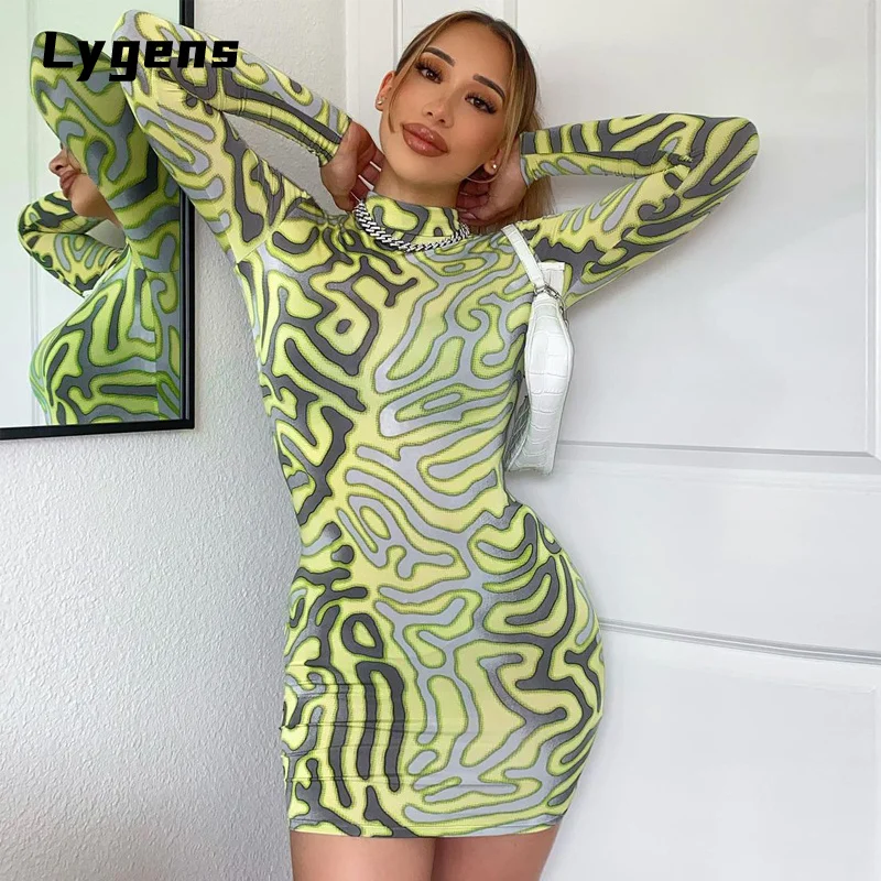 

Lygens Zebra Tie Dye Print Women Long Sleeve High Neck Mini Dress Bodycon Sexy Streetwear Party Night Club 2021 Autumn Winter