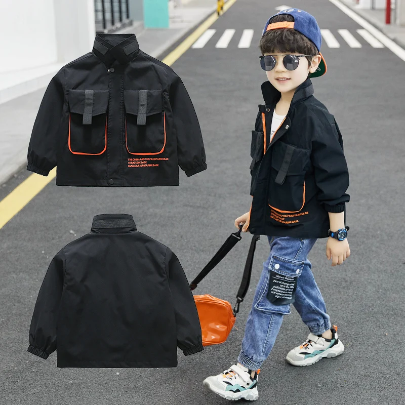 

Children's clothing 3-13 years Children's jacket Lapel large pocket work jacket Ribbon decorative printed letters boy clothes