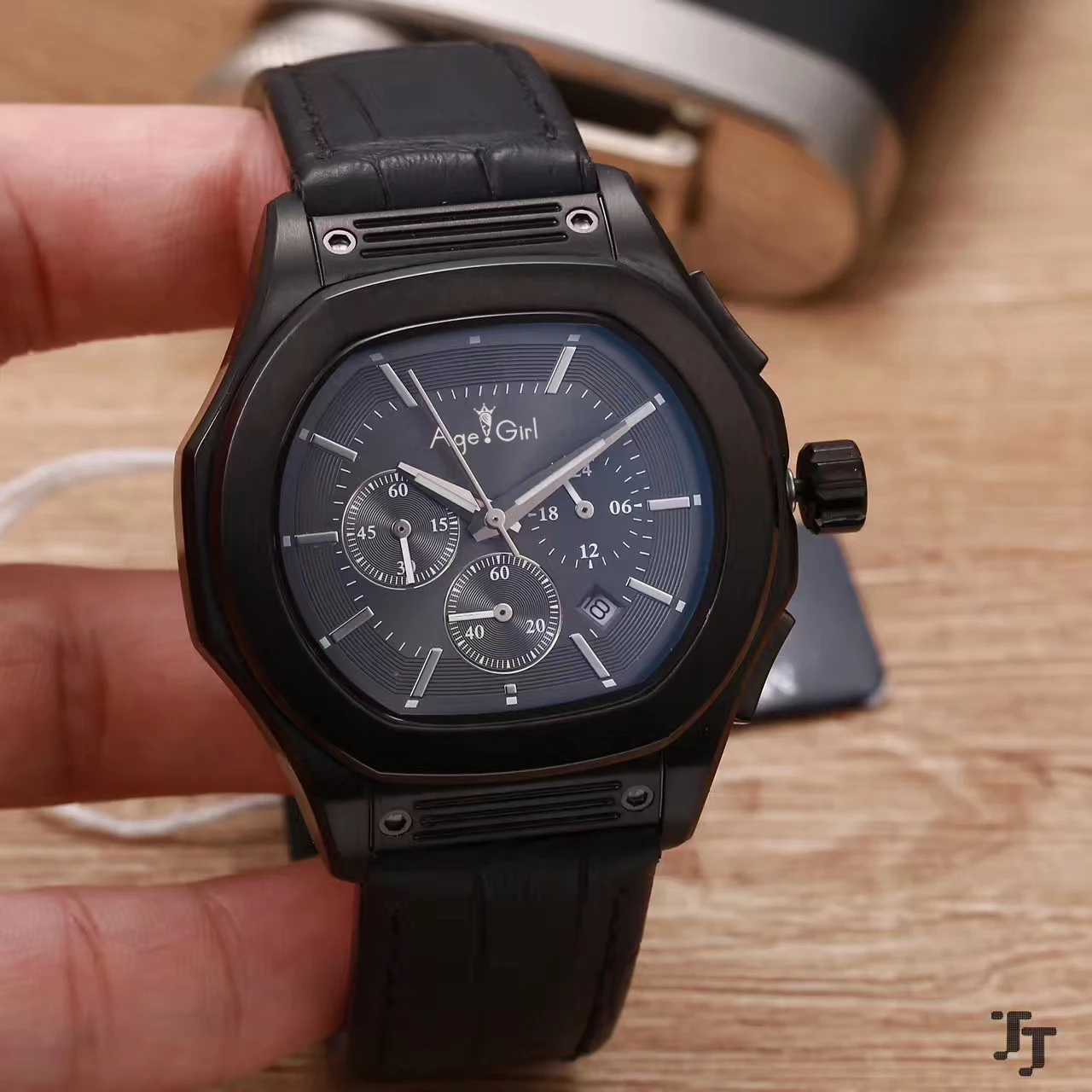 

Luxury Brand New Men Full Black Japanese OS Quartz Chronograph StopWatch 904L Stainless Steel Blue Leather Sapphire Sport Watch