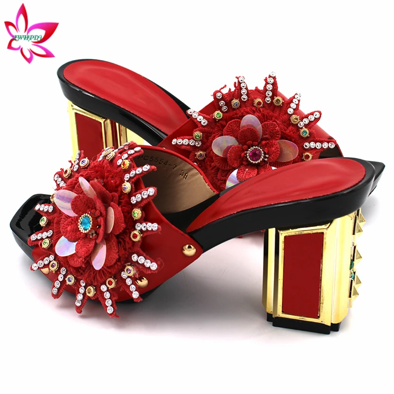 

China Red Color Nigerian Women Shoes with Appliques Italian Design Wedding Shoes with Shinning Crystal for Party