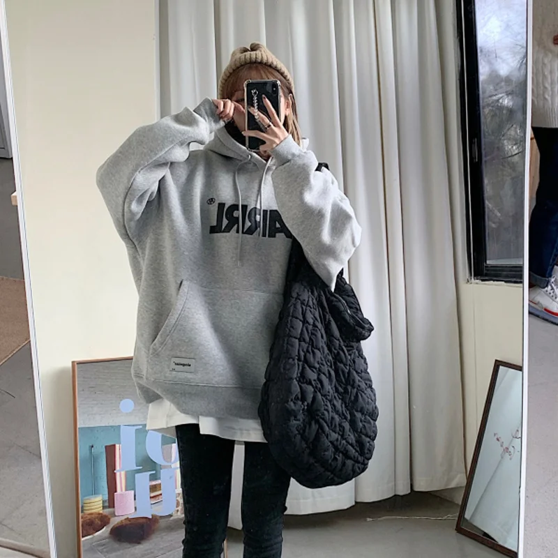 Серая плюшевая толстовка женская осень-зима 2021 новый милый крутой нишевый дизайн