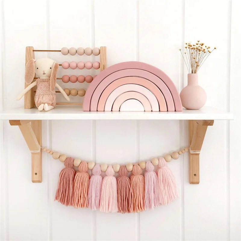 

Beautiful CottonTassel Wooden Beads Kids Room Ornament Nursery Tent Hanging Pendant Wall Decor Photo Props Baby Shower Supplies