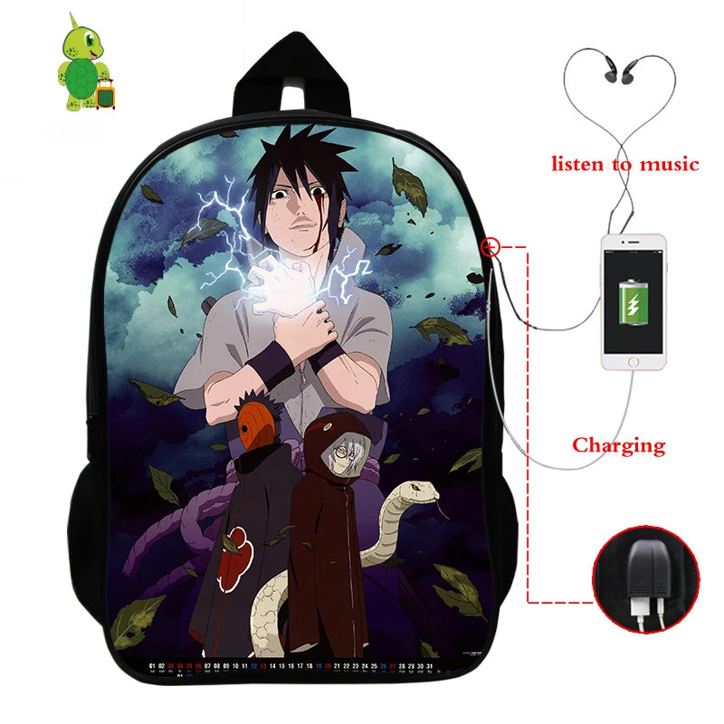 Рюкзак Naruto Sasuke Akatsuki с usb зарядкой рюкзак для ноутбука школьные сумки подростков