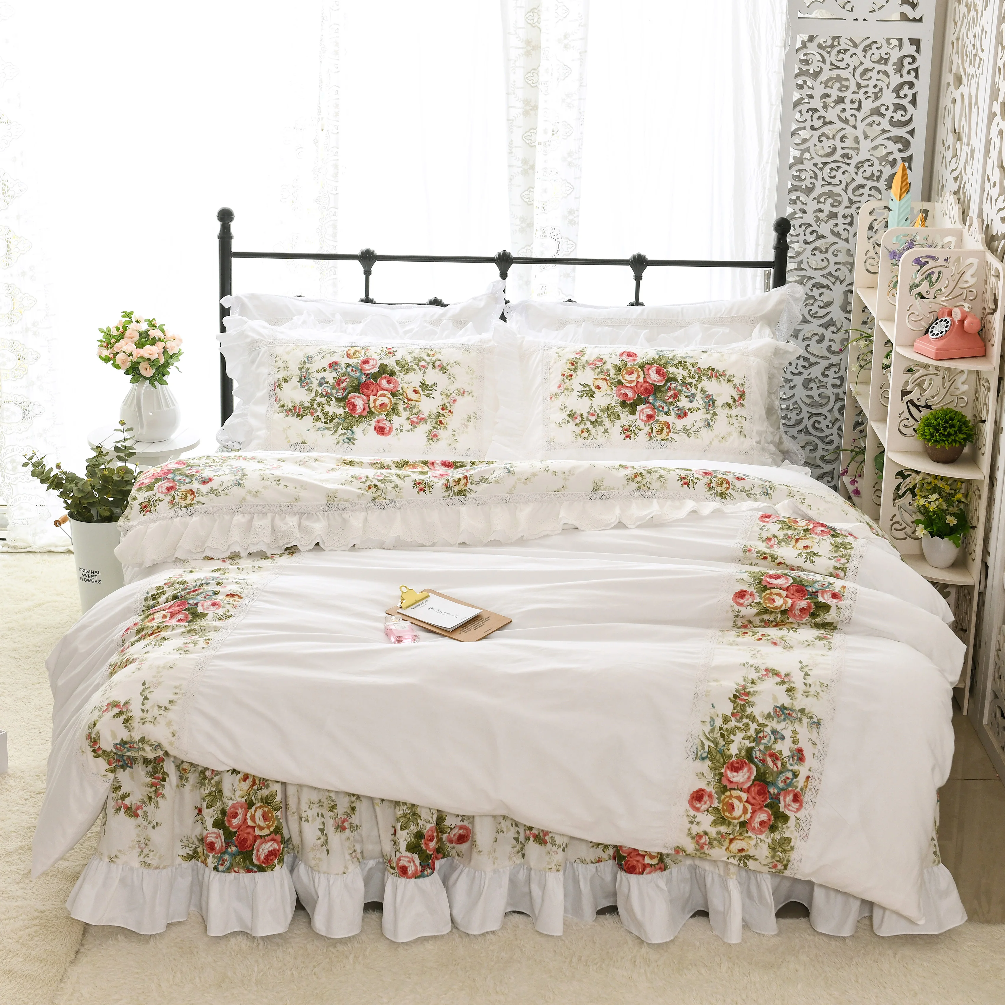 Набор постельного белья из хлопка Универсальный Цветочный вышитый