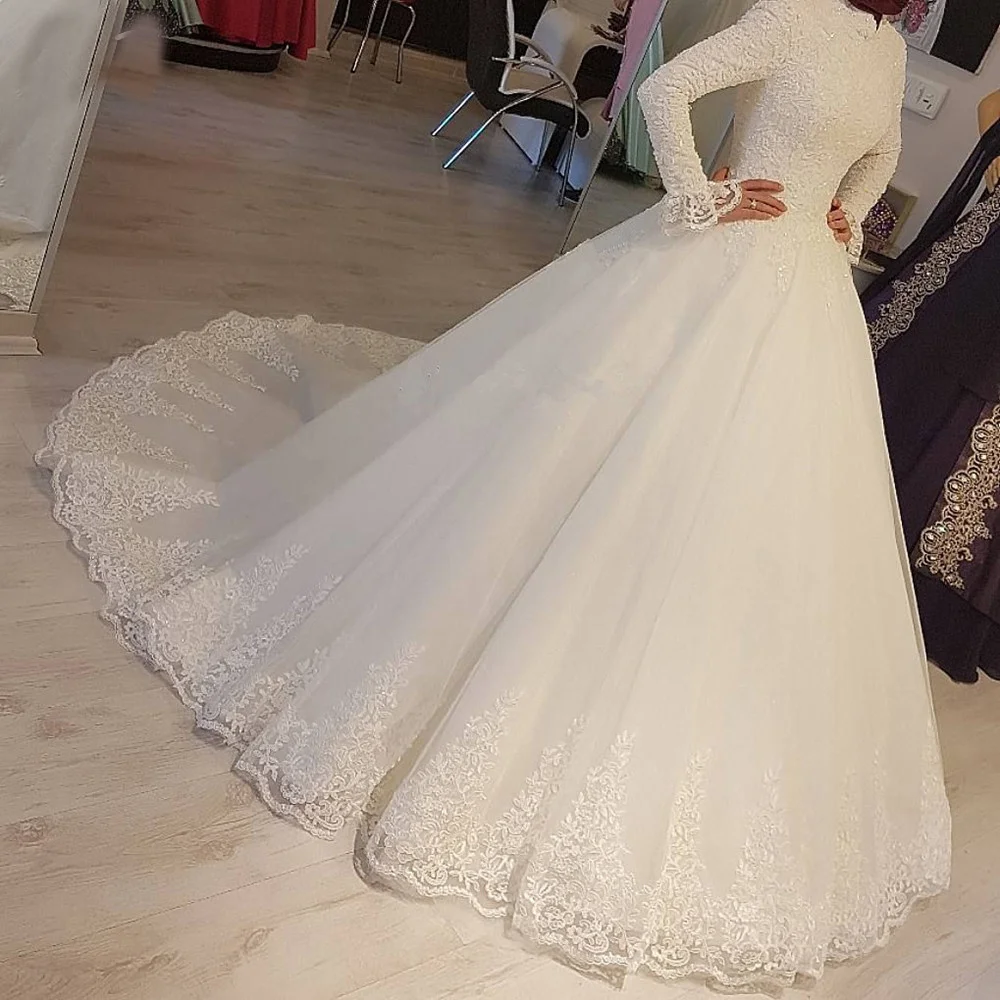 

grace 2021 White Arabic Muslim Wedding Dresses Princess High Neck Long Sleeves Lace Appliques Bridal Dresses Robe De Mariage