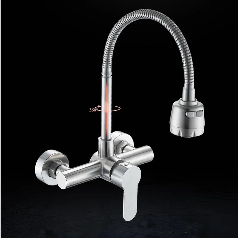 Stainless steel Wall Mounted Kitchen Faucet Kitchen Mixers Kitchen Sink Tap 360 Degree Swivel Flexible Hose Double Holes