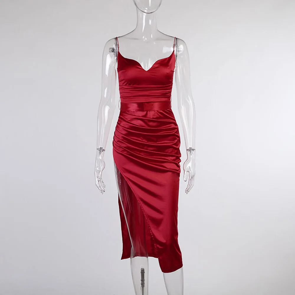

#130 Sexy V-Neck Straped Party Dresses Solid Elegant High Waist Slim Robe Women Pleated Split Summer Dress 2021