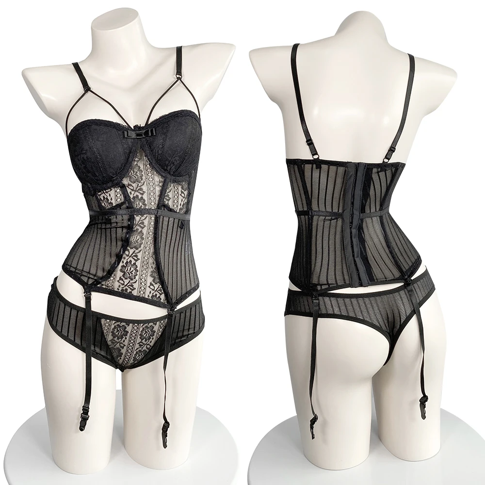 

Sexy Lace Underwear Bra Set Perspective Garter Belt Bodysuit Sling Vest Elacticity Cotton Pad Steel Support One-Piece Suit Women