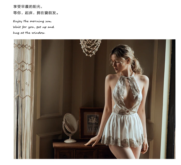 Sexy Lace Ladies V-neck Open Back Satin Mini Nightdress Underwear White Sleepwear Set Lingerie for Women Sleep Wear Night Dress