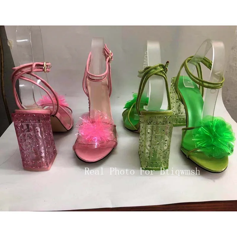 Green Crystal Sandals Women Open Toe Flower Rhinestone Ankle Strap Transparent High Heel Shoes Woman Fashion Wedding Shoes