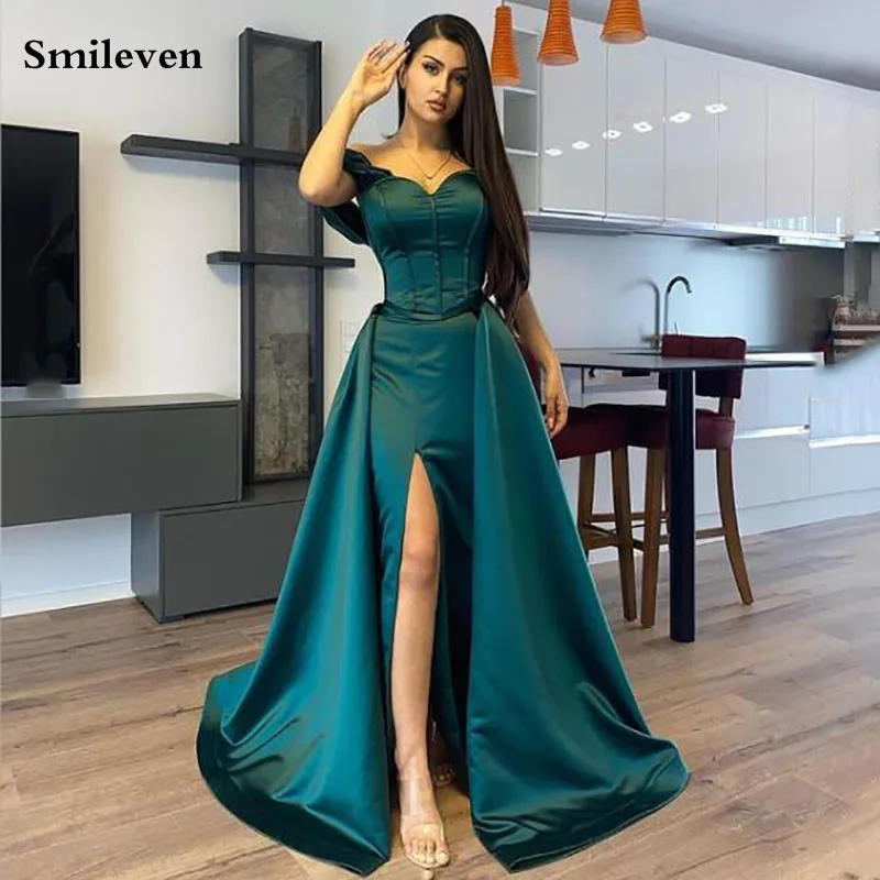 

Smileven Dark Green Sweetheart Mermaid Evening Dresses Detachable Train Side Split Dubai Prom Gowns Formal Party Celebrity Dress