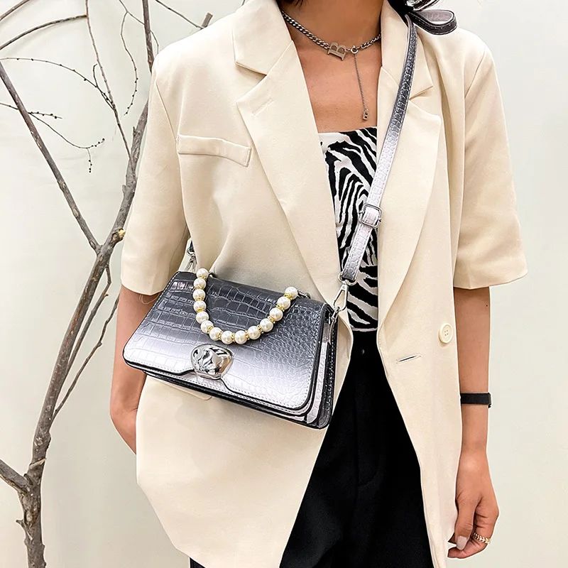 

Trapezoid Alligator Purse Gradient Color Crocodile Pattern Lady Shoulder Messenger Bag Metal Stone Emblished Women Small Handbag