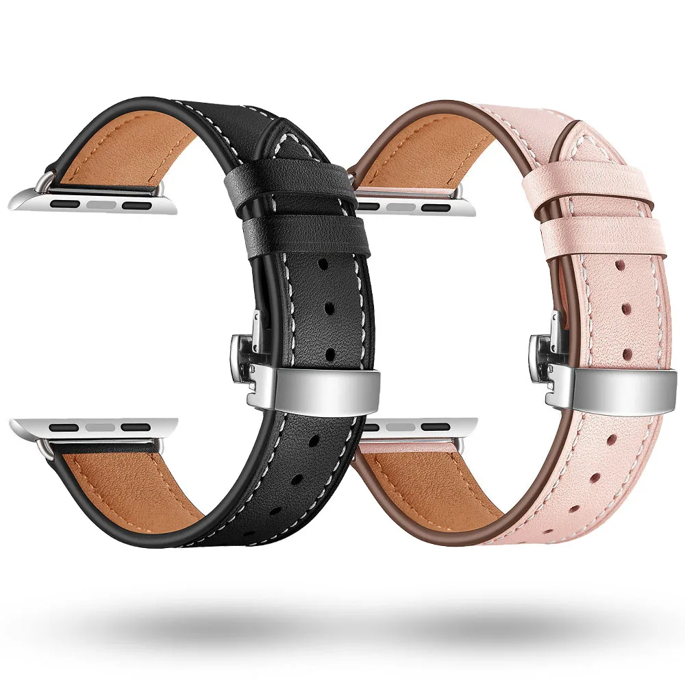 

Ремешок кожаный для IWatch Series SE 6 5 4 3, черный/серебристый/розовое золото с пряжкой, 44 мм/40 мм/42 мм/38 мм