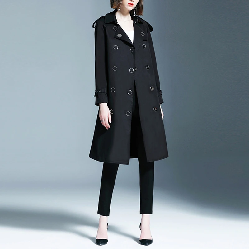 Женский двубортный Тренч черный/хаки длинный водонепроницаемый классический