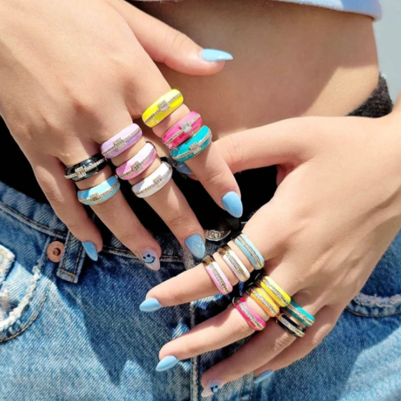 

Uilz 10 Color Neon Enamel Sparking CZ Finger Band Rings Gorgeous Cubic Zircon Trendy Women Party Jewelry Wholesale