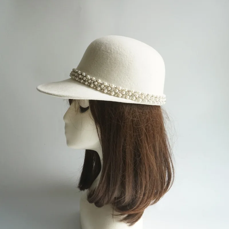 

202012-panshi-white wool Shining rhinestone Pearl lady Octagonal hat women visors cap
