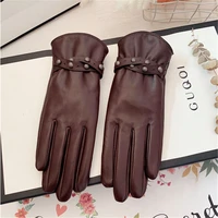 touch screen sheepskin gloves womens genuine leather black brown velvet lining warm winter gloves