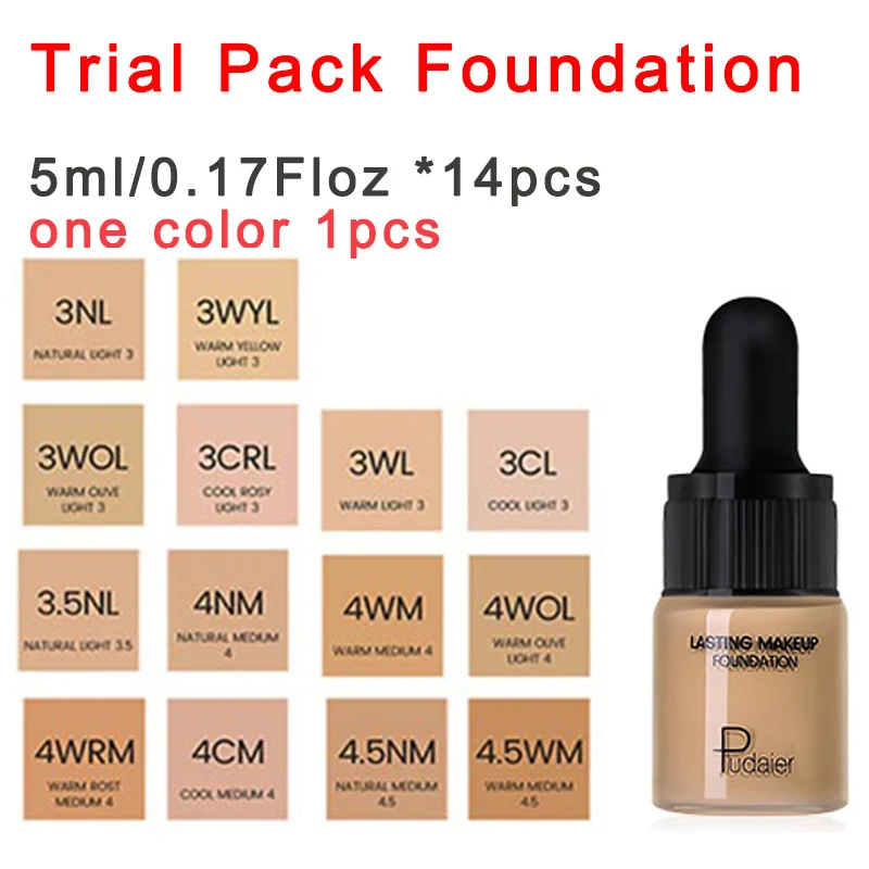 Trial pack 14pcs Pudaier, 40 мл, матовая основа для макияжа, крем для лица, профессиональный скрывающий макияж, Тональная основа, высокое покрытие, жидкая, стойкая - Цвет: Trial pack 14pcs