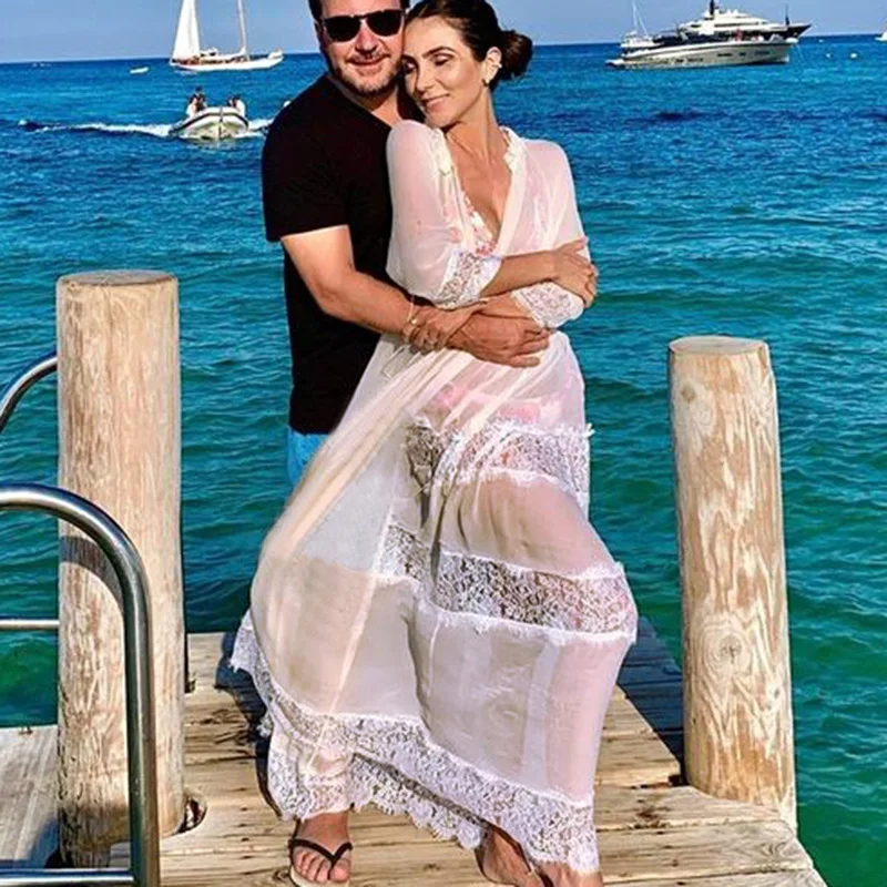 White Lace Boho Chiffon Tunic Long Dress Swimsuit Sexy V-Neck Summer Cover-Up Women Spell Loose Beachwear Smock Sheer Dresses