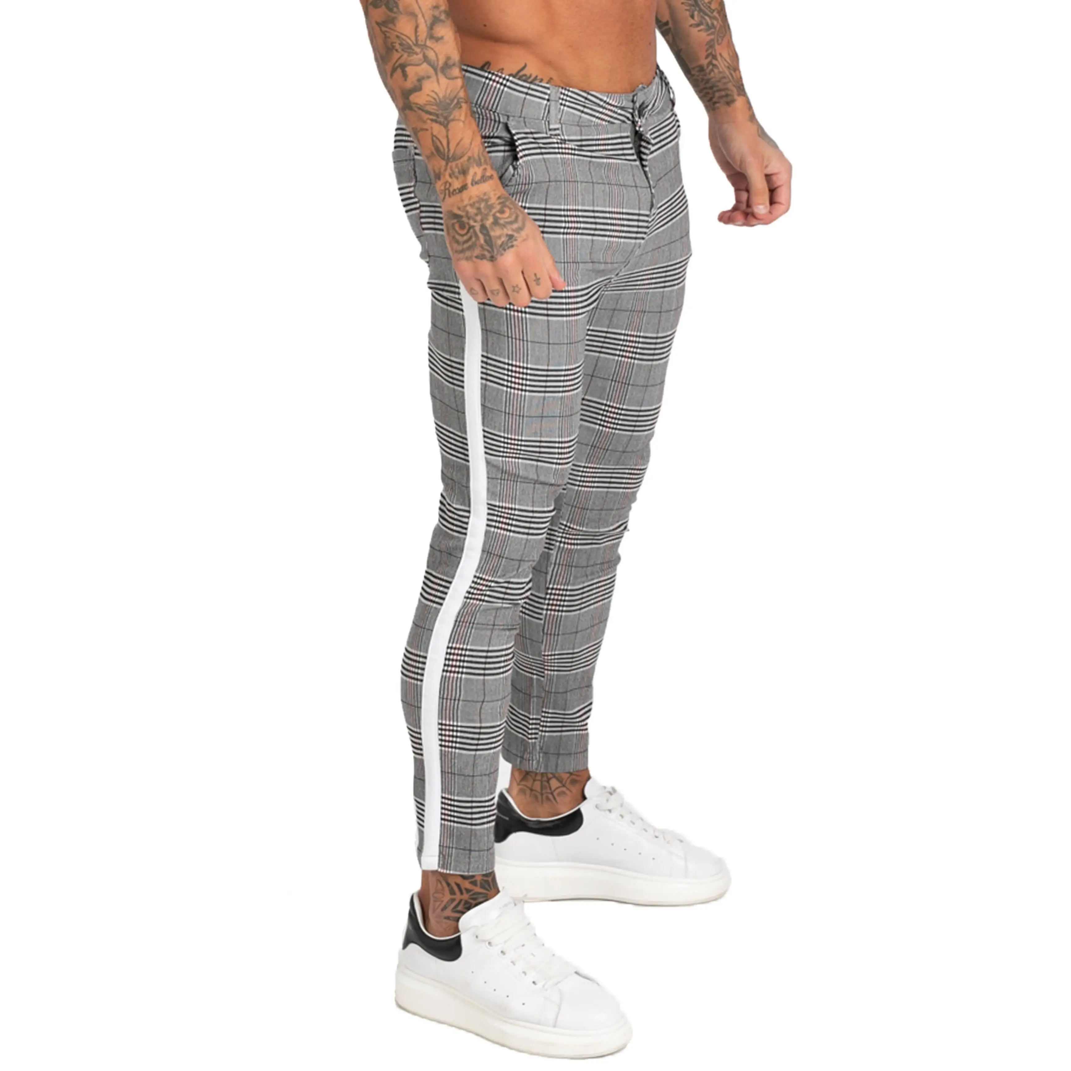 

Vogue Mens Jeans Brand Chinos Trousers Grey Plaid Skinny Pants For Men Side Stripe Stretchy Best Fitting Athletic Body Zm355