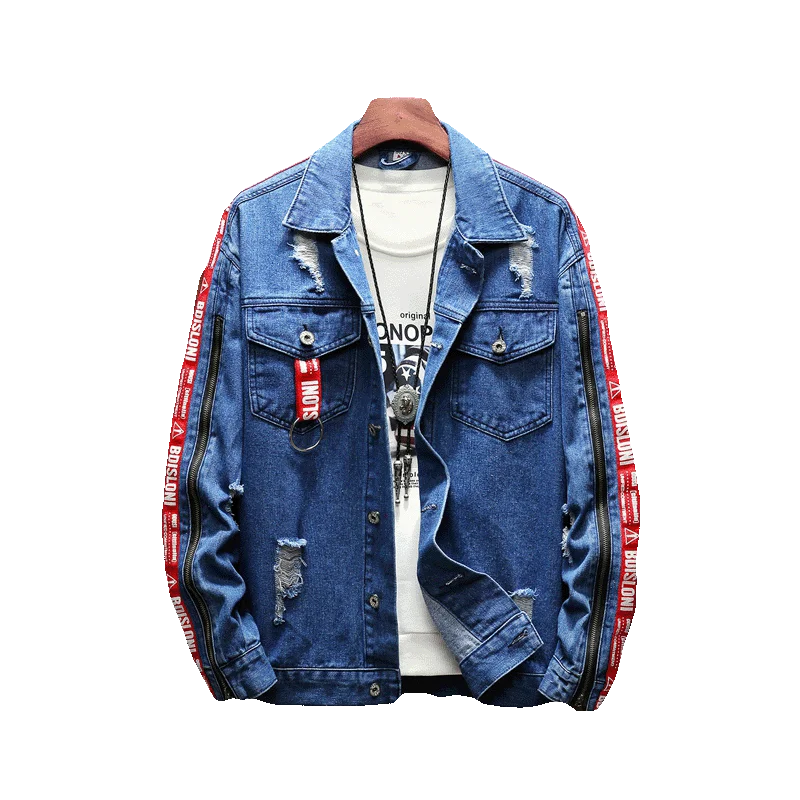 

Pop Denim Jacket Men Patchwork Gold Ribbon Cowboy Punk Rock Men Jacket High Street Fashion Outwear Men Coat Nice Autumn
