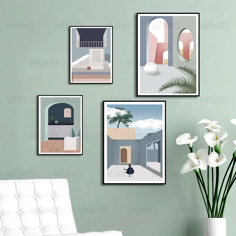 

Nordic Poster Stairs and a Man Sitting Holding a Guitar Minimalist Style Bedroom Home Decorative Painting Canvas Painting Wall