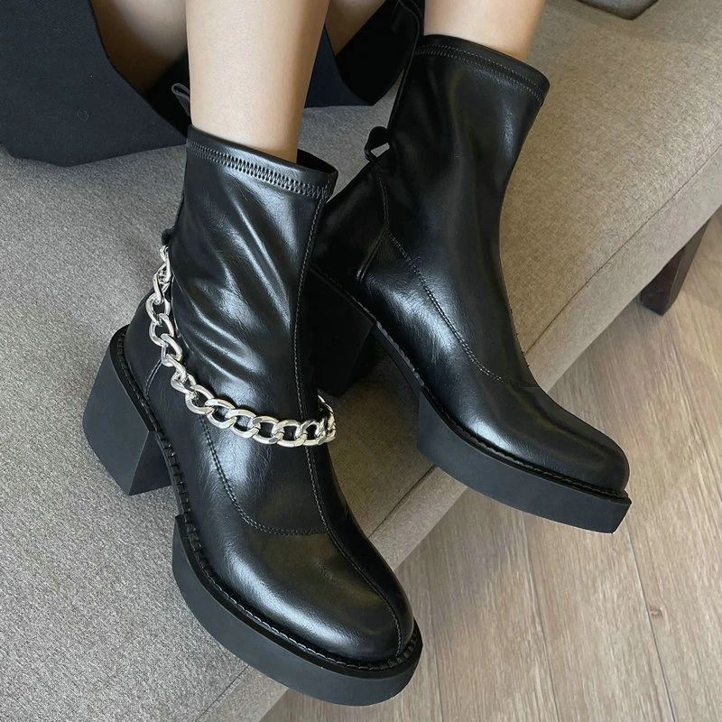 

Punk Chunky Heels Boots For Women Genuine Leather Winter New Arrival Thick Heels Pumps Female 2021 Working Ankle Boots