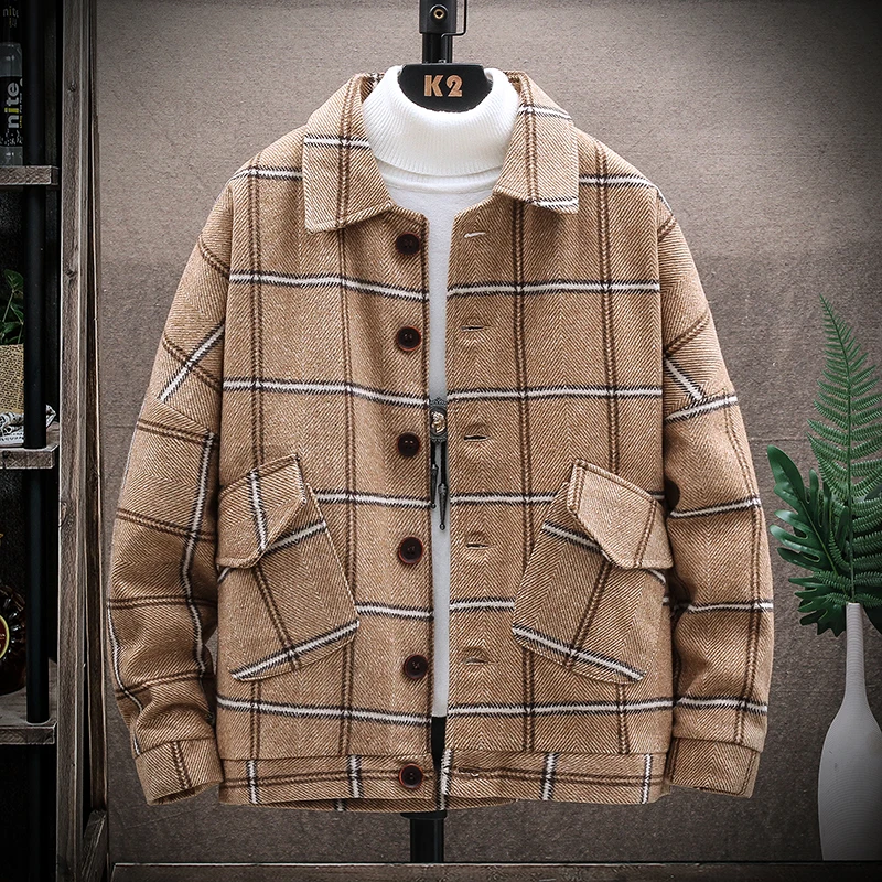 Куртка мужская шерстяная в клетку повседневная верхняя одежда Корейском стиле