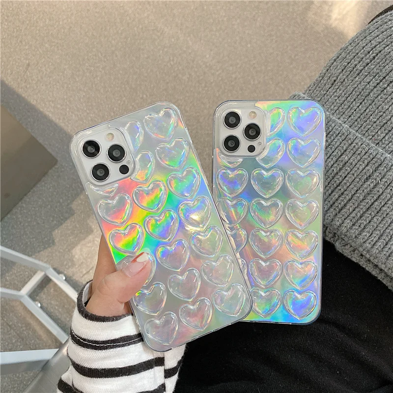 

Shiny Laser Love Heart Phone Case For iPhone 7 8 Plus 12 Pro 11 Pro Max XS Max XR X 12 Mini SE 2020 Luxury Aurora Fundas Coque