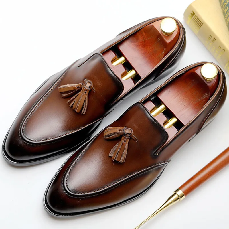 

Men's natrual leather business dress suit shoes men brand Bullock genuine leather black tassel men wedding shoes driving shoes