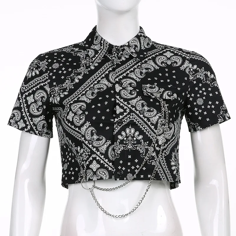 

Gothblack Vintage Loose Polo Neck Short Sleeve Crop Top Women Printing Splice Meta Chian Fashion Tshirt Summer Street Chic Tops