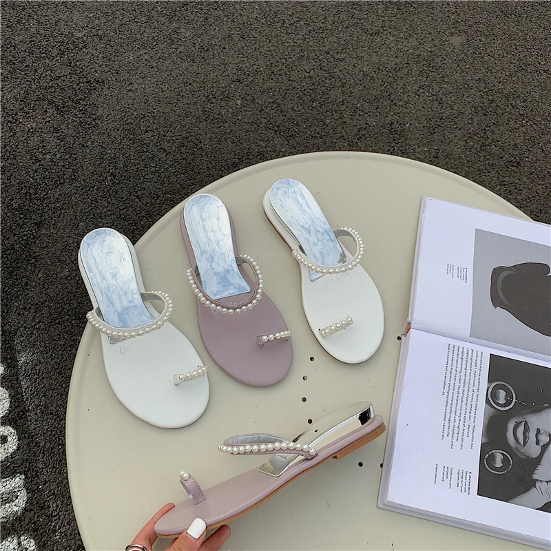 

Elegant Women Sandals Slippers Low Heels Summer 2021 Clip Toe Hollow Beach Shoes Soft Soles Pearl Design Casual Slides Flip Flop