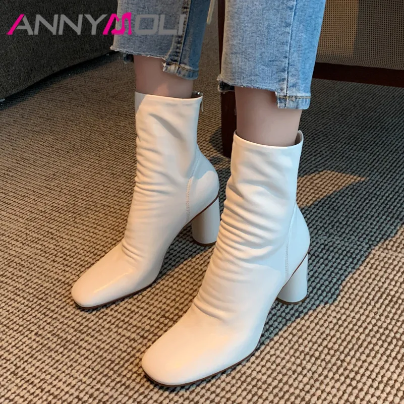 

ANNYMOLI Women Short Boots Shoes Pleated Zipper High Heel Ladies Boots Round Toe Block Heels Ankle Boots Autumn Winter Beige 40
