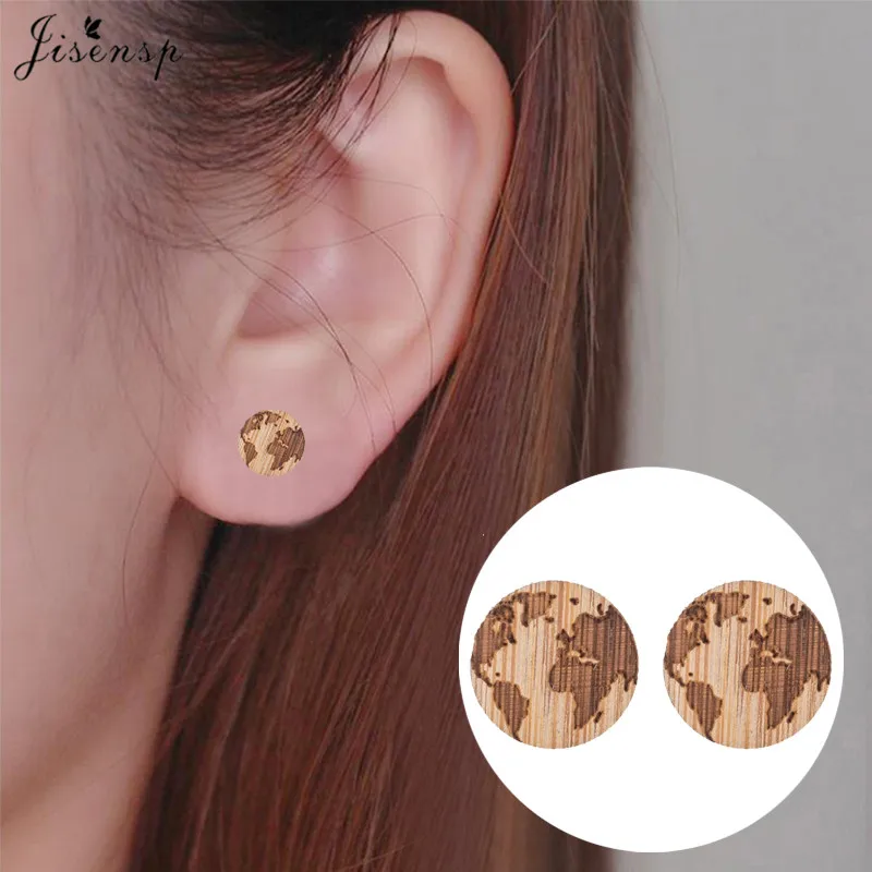 Jisensp Vintage World Map Wooden Earrings Trendy Earth Stud Fashion Jewelry for Women Party Gift boucle d'oreille femme | Украшения и