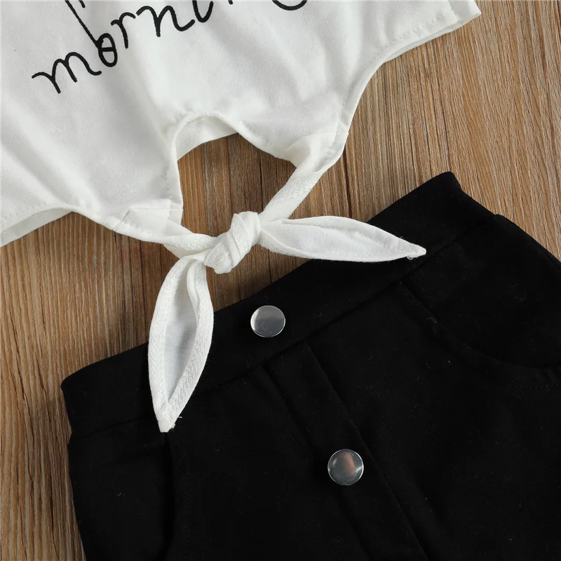 

Kids Baby Girls Fashion Summer 2-piece Outfit Set Flamingo Print Letter Print Short Sleeve T-shirt Tops And Button Skirt Set