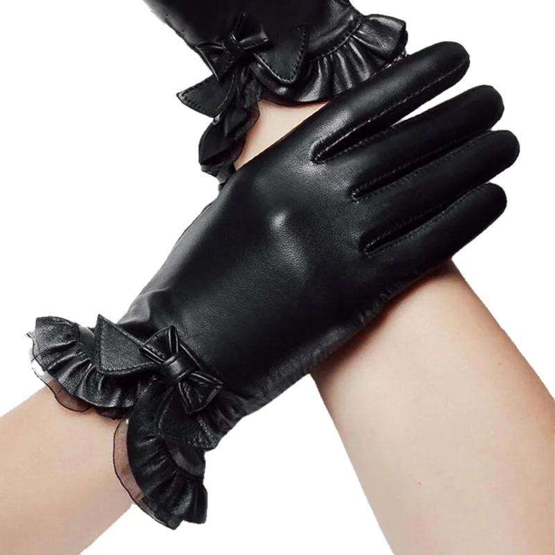 Genuine Women Sheepskin Gloves Fashion Wrist Lace Bow Solid Leather Glove Thermal Winter Driving Keep Warm