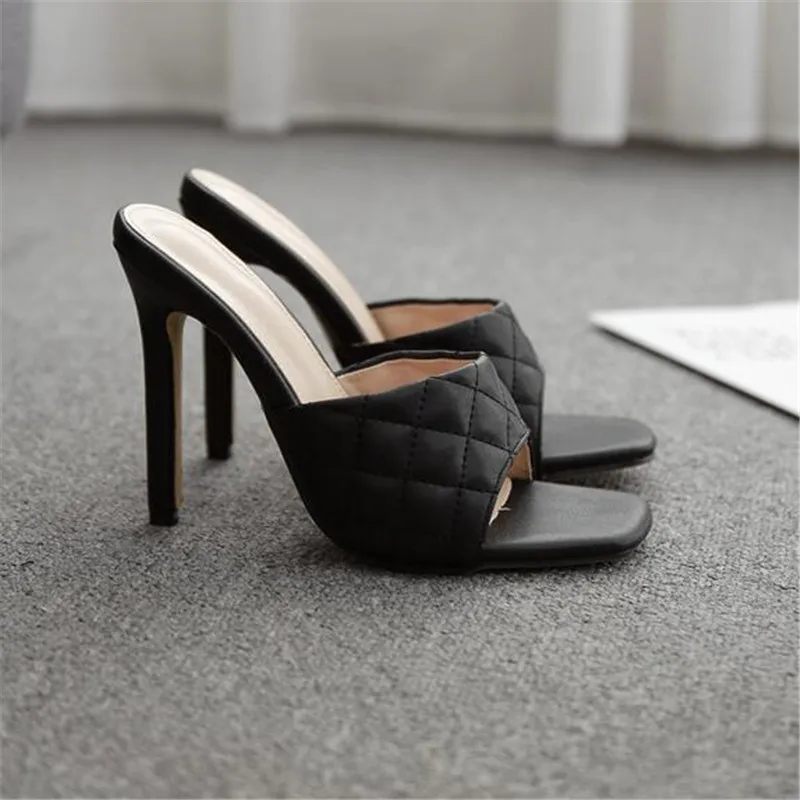 

2020 Brand Design Women slippers Elegant Square Toe Thin High Heels 9CM Slippers Summer Outdoor Beach Slides Shoes