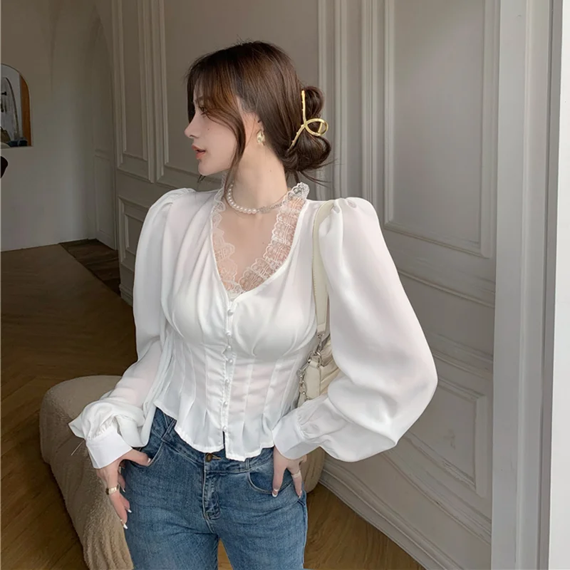 Винтажная кружевная рубашка с длинным рукавом и поясом женский весенний