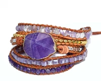 natural angular amethyst 5 strands wrapped leather bracelet hand woven bohemian bracelet