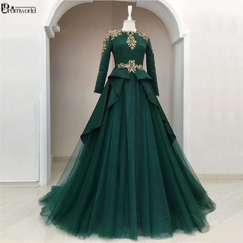 

Green Muslim Evening Dresses A-line Long Sleeves Tulle Lace Crystals Prom Dress Dubai Saudi Arabic Long Formal Evening Gown