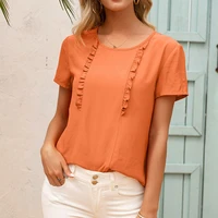 summer new european and american womens clothing stitching wood ear lace round neck short sleeved lining top women