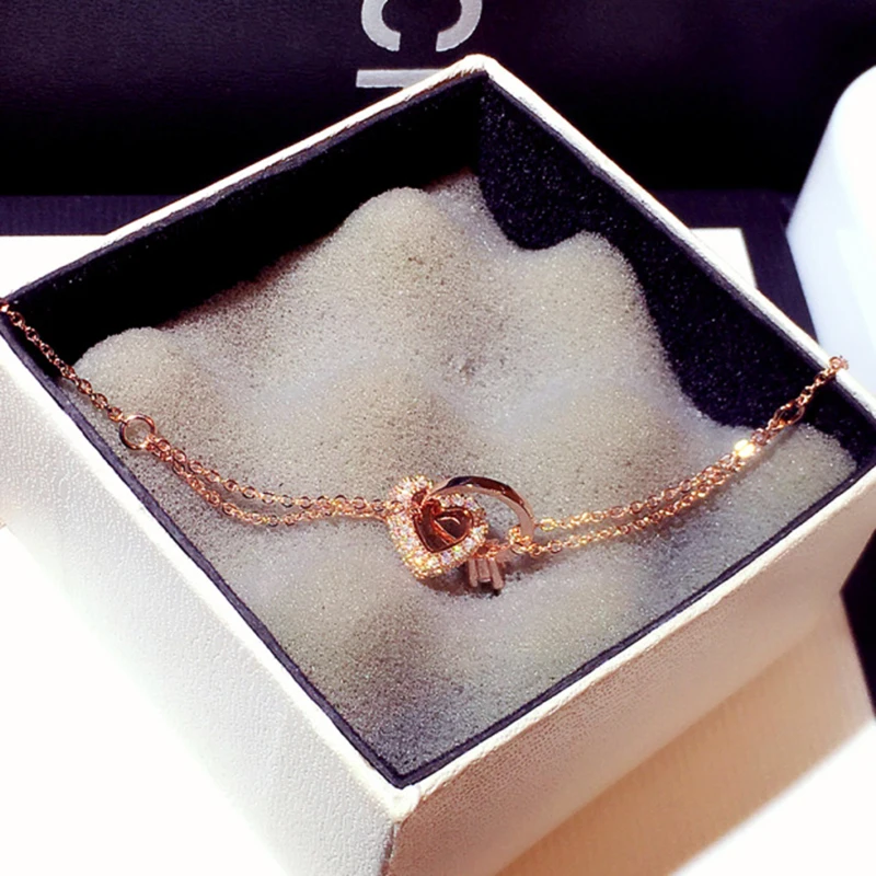 

Vintage Exquisite 14k Real Gold Cute Heart Charm Bracelet for Women Jewelry Inlaid High Grade AAA Zircon Party Gift Ins Hot